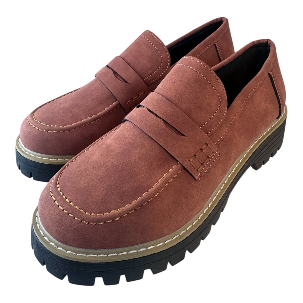 New Penny Loafers Faux Brown Suede Chunky Heels Women’s Size 40 Size 9 - Picture 2 of 8